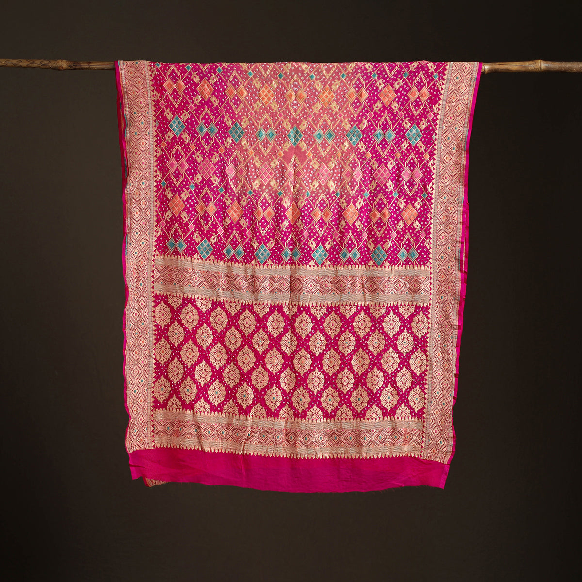 Kutch Bandhani Fine Georgette Banarasi Neem Zari Jaal Saree 02