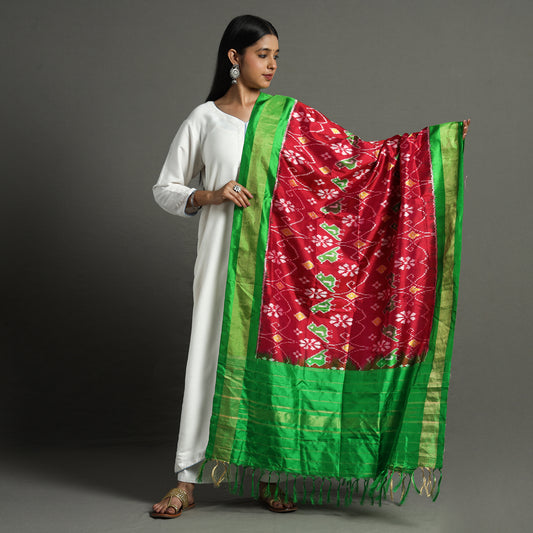 Green - Special Handspun Pochampally Ikat Pure Silk Dupatta with Zari Border