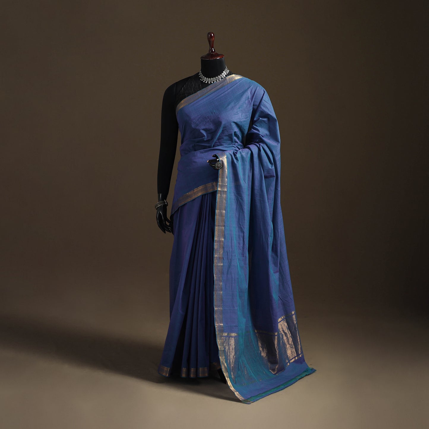 Blue - Pure Handwoven Mangalagiri Cotton Saree with Nizam Zari Border 32