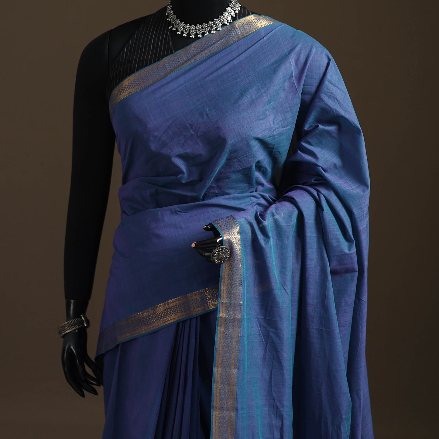 Blue - Pure Handwoven Mangalagiri Cotton Saree with Nizam Zari Border 32