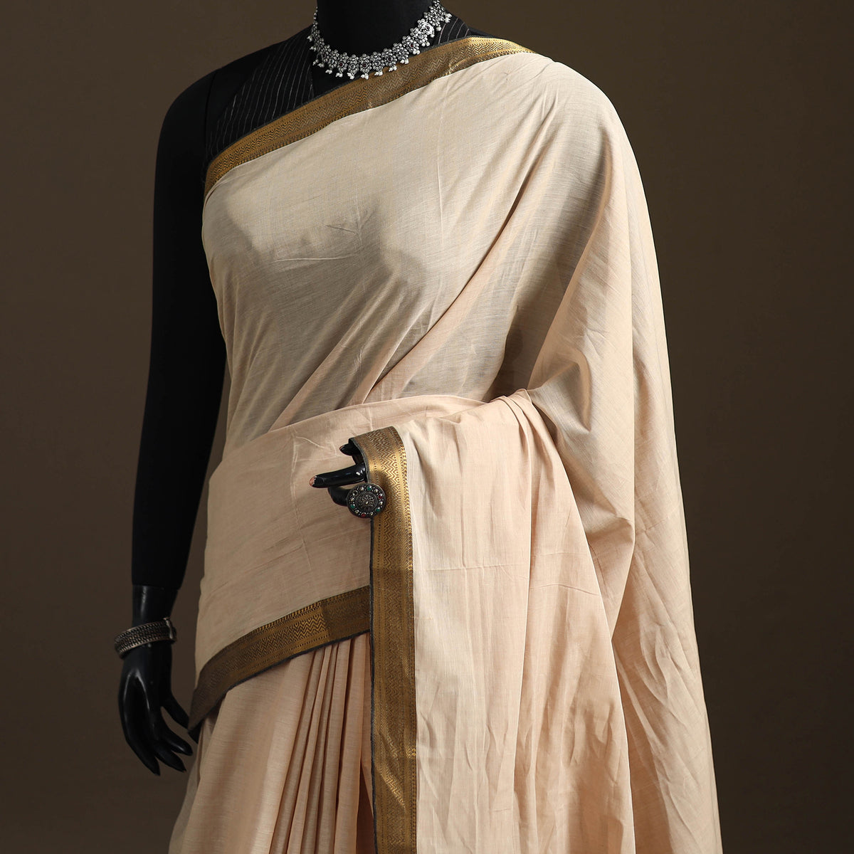 Beige - Pure Handwoven Mangalagiri Cotton Saree with Nizam Zari Border 33