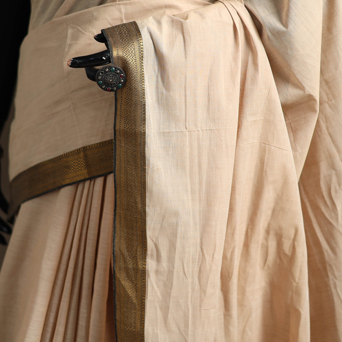 Beige - Pure Handwoven Mangalagiri Cotton Saree with Nizam Zari Border 33