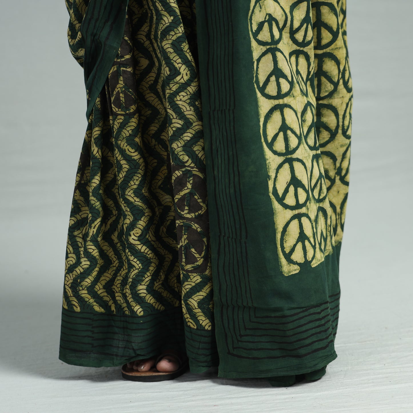 Green - Bindaas Art Block Printed Natural Dyed Cotton Saree 25