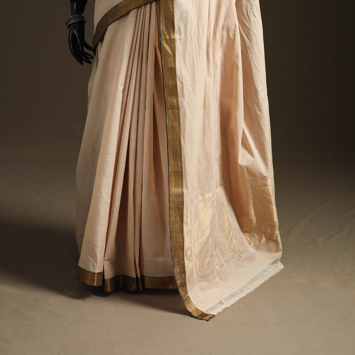 Beige - Pure Handwoven Mangalagiri Cotton Saree with Nizam Zari Border 33