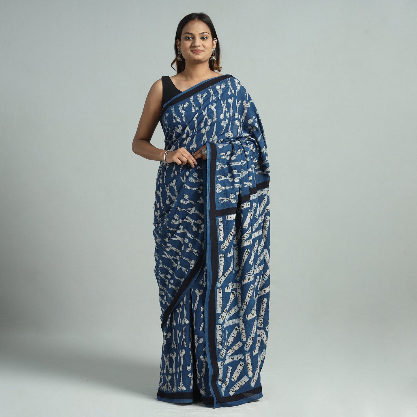 Blue - Bindaas Art Block Printed Natural Dyed Cotton Saree 20