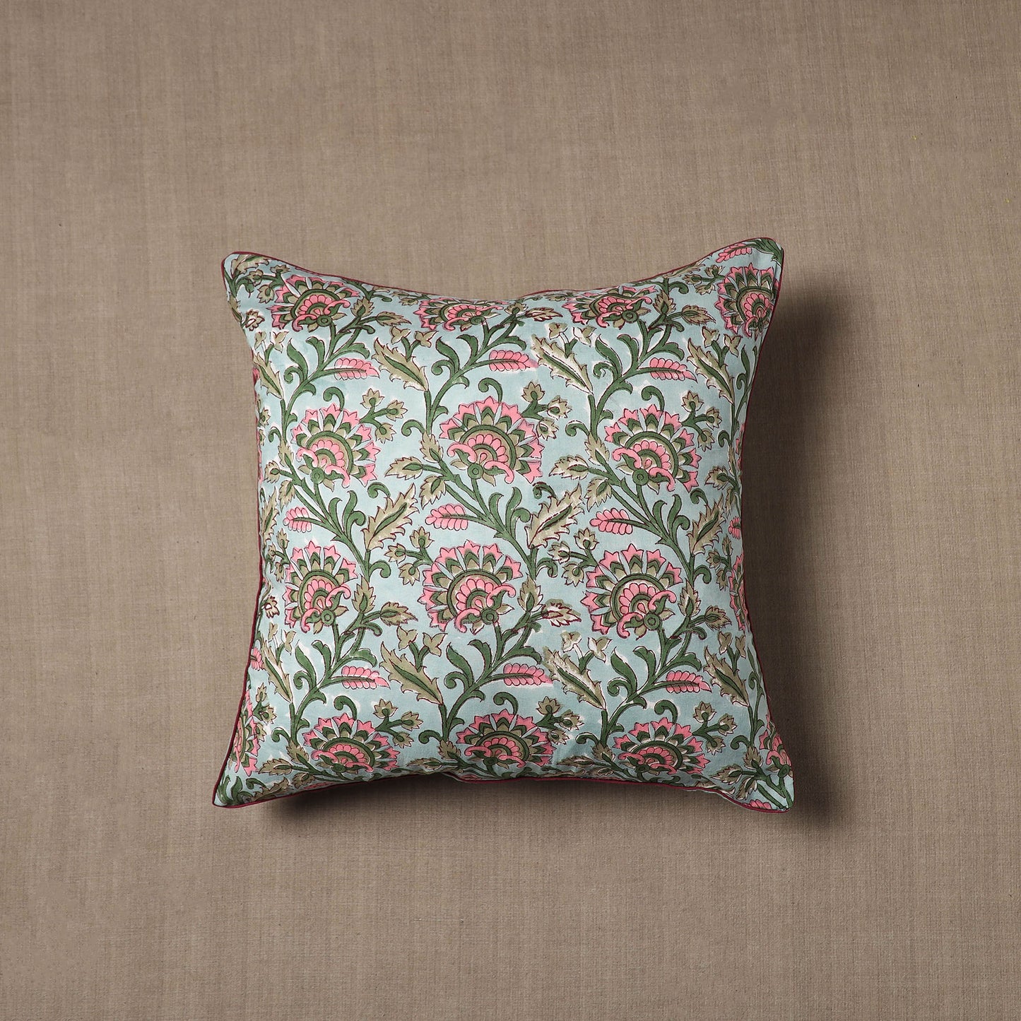 Green - Sanganeri Block Print Cotton Cushion Cover (16 x 16 in) 12