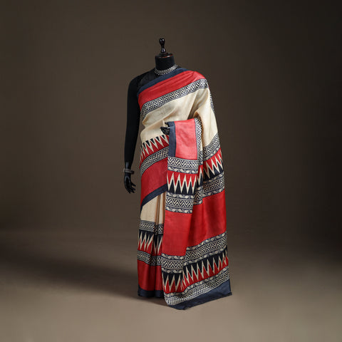 Tussar silk pure handloom saree in bengal hand block prints