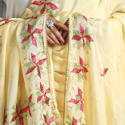 Yellow - Traditional Phulkari Hand Embroidered Semi Silk Chinon Dupatta