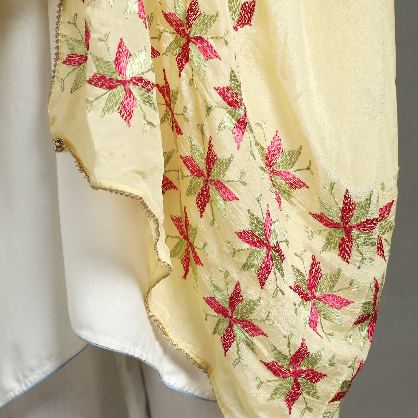 Yellow - Traditional Phulkari Hand Embroidered Semi Silk Chinon Dupatta