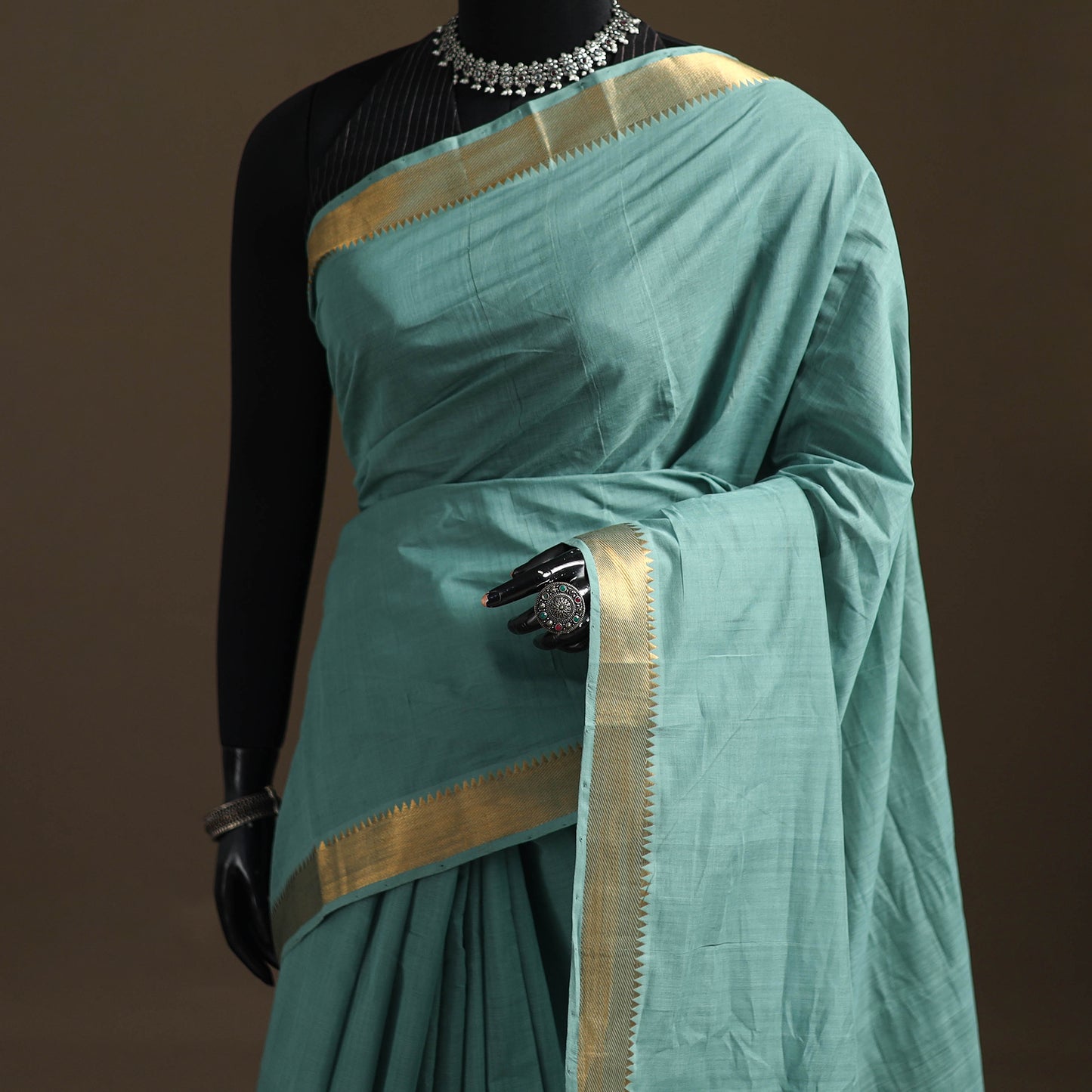 Green - Pure Handwoven Mangalagiri Cotton Saree with Nizam Zari Border 35