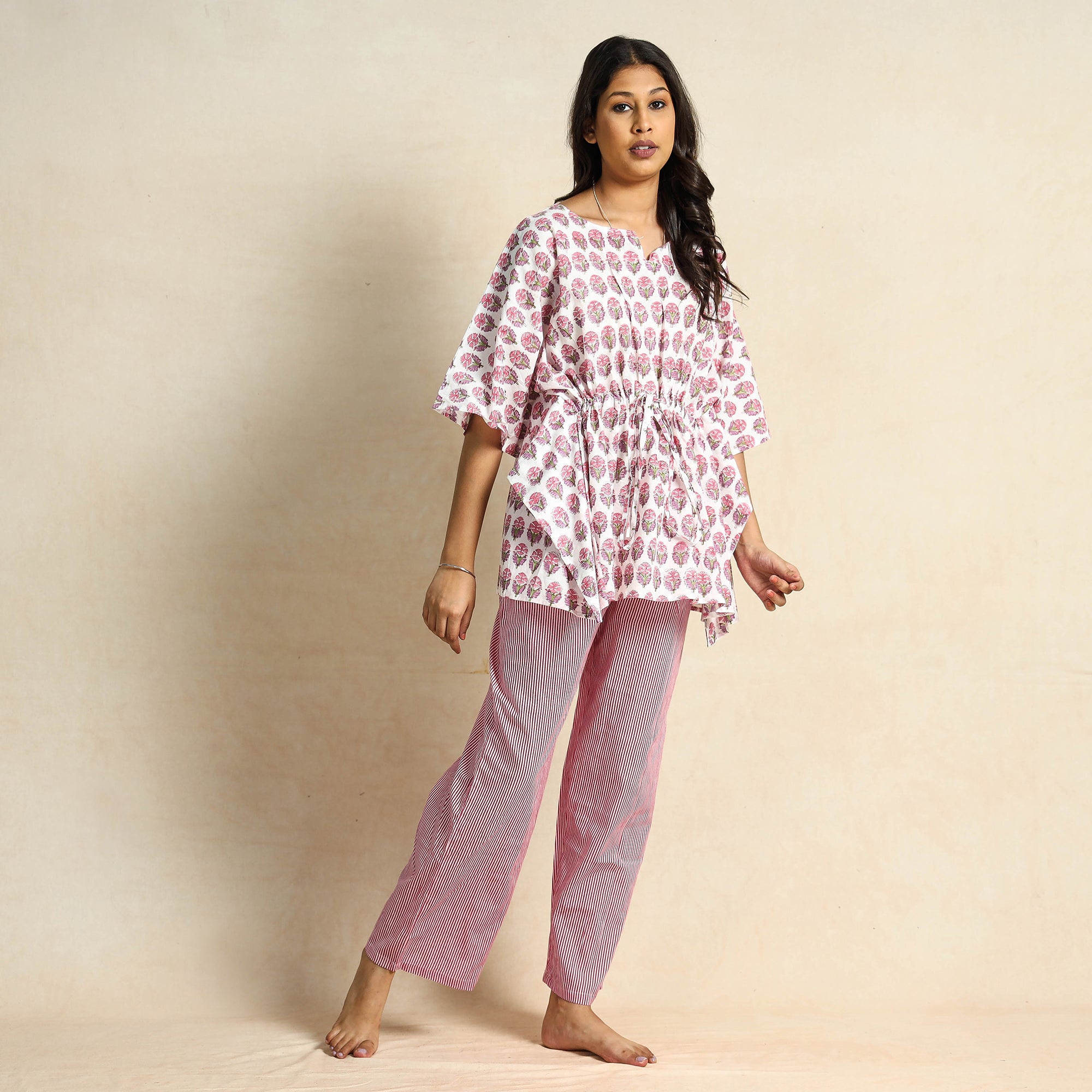  Hand Block Printed Cotton Kaftan & Pyjama Night Suit Set 