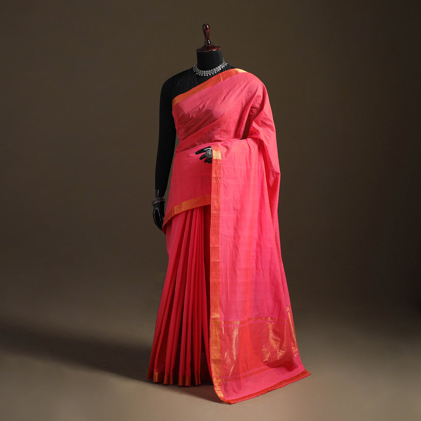 Pink - Pure Handwoven Mangalagiri Cotton Saree with Nizam Zari Border 36