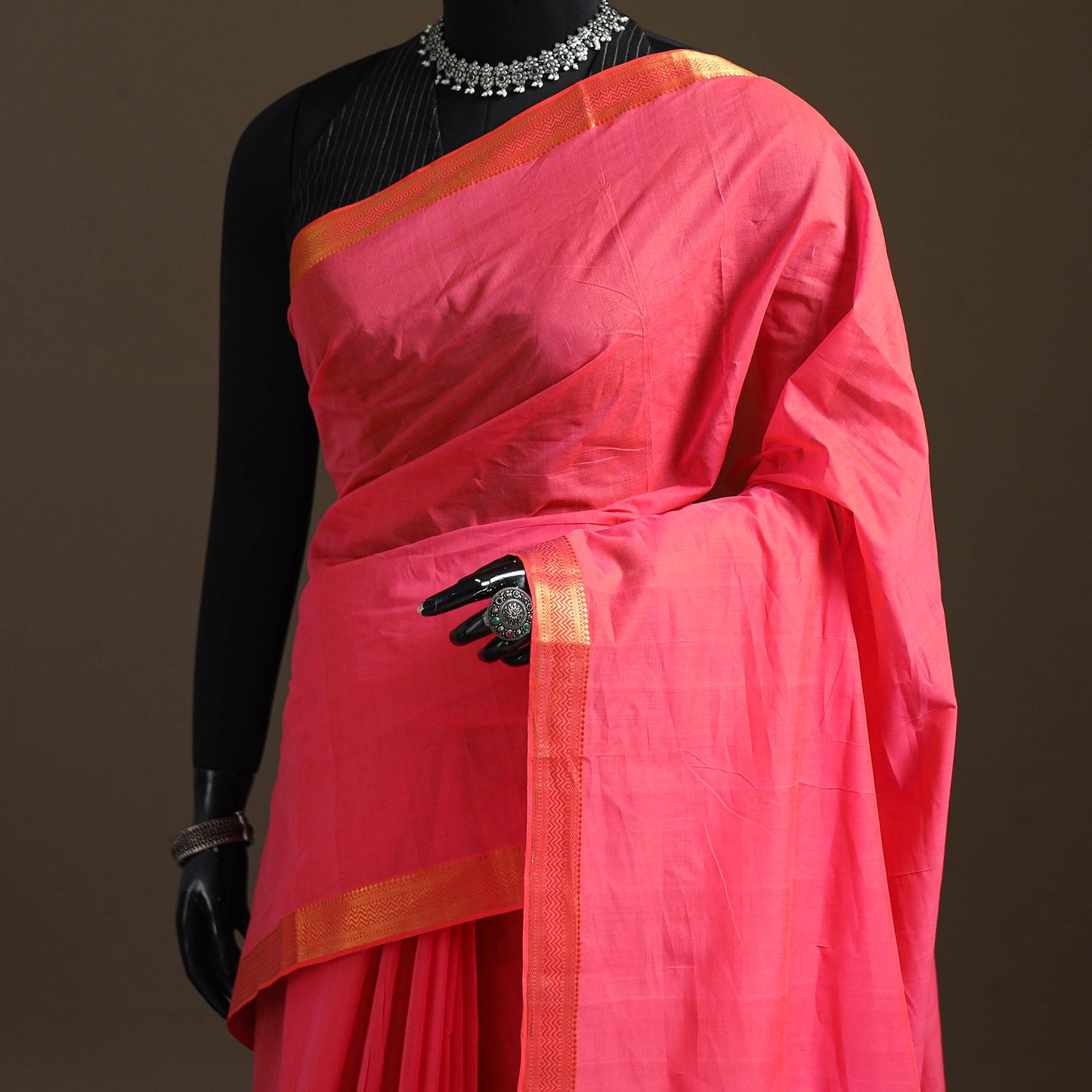 Pink - Pure Handwoven Mangalagiri Cotton Saree with Nizam Zari Border 36