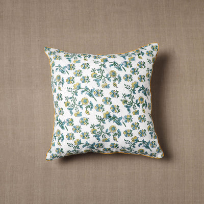 White - Sanganeri Block Print Cotton Cushion Cover (16 x 16 in) 16