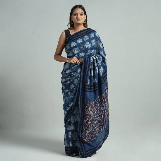 Blue - Bindaas Art Block Printed Natural Dyed Cotton Saree 11