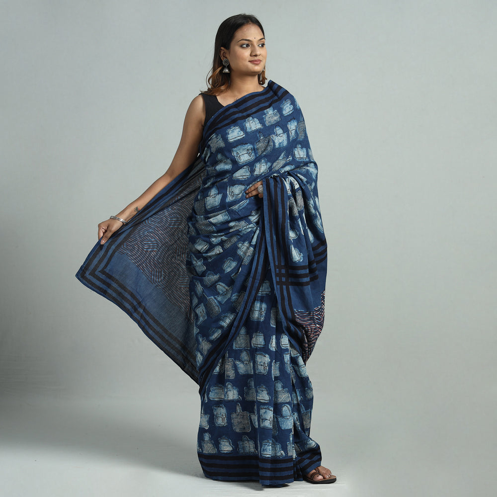 Blue - Bindaas Art Block Printed Natural Dyed Cotton Saree 11