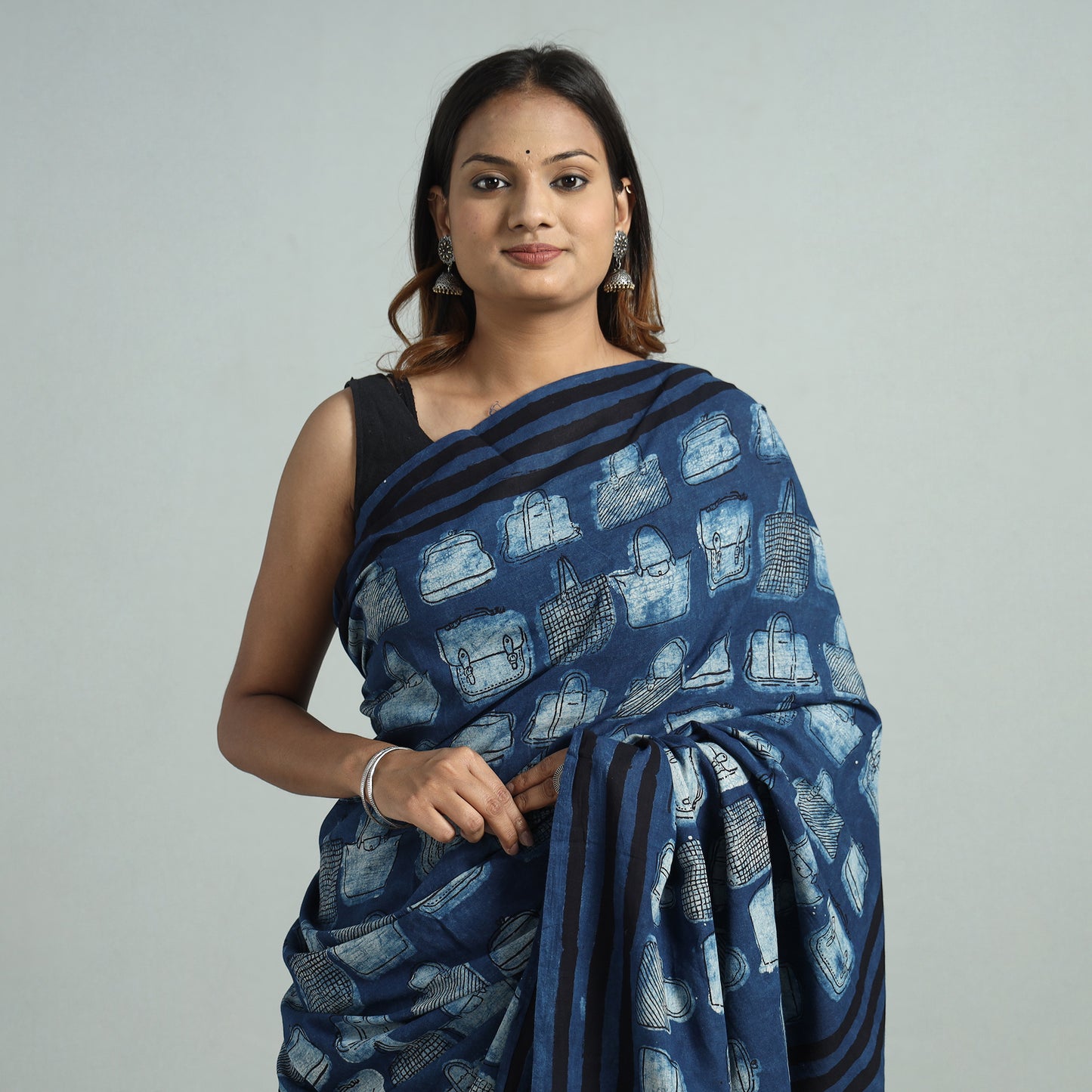 Blue - Bindaas Art Block Printed Natural Dyed Cotton Saree 11