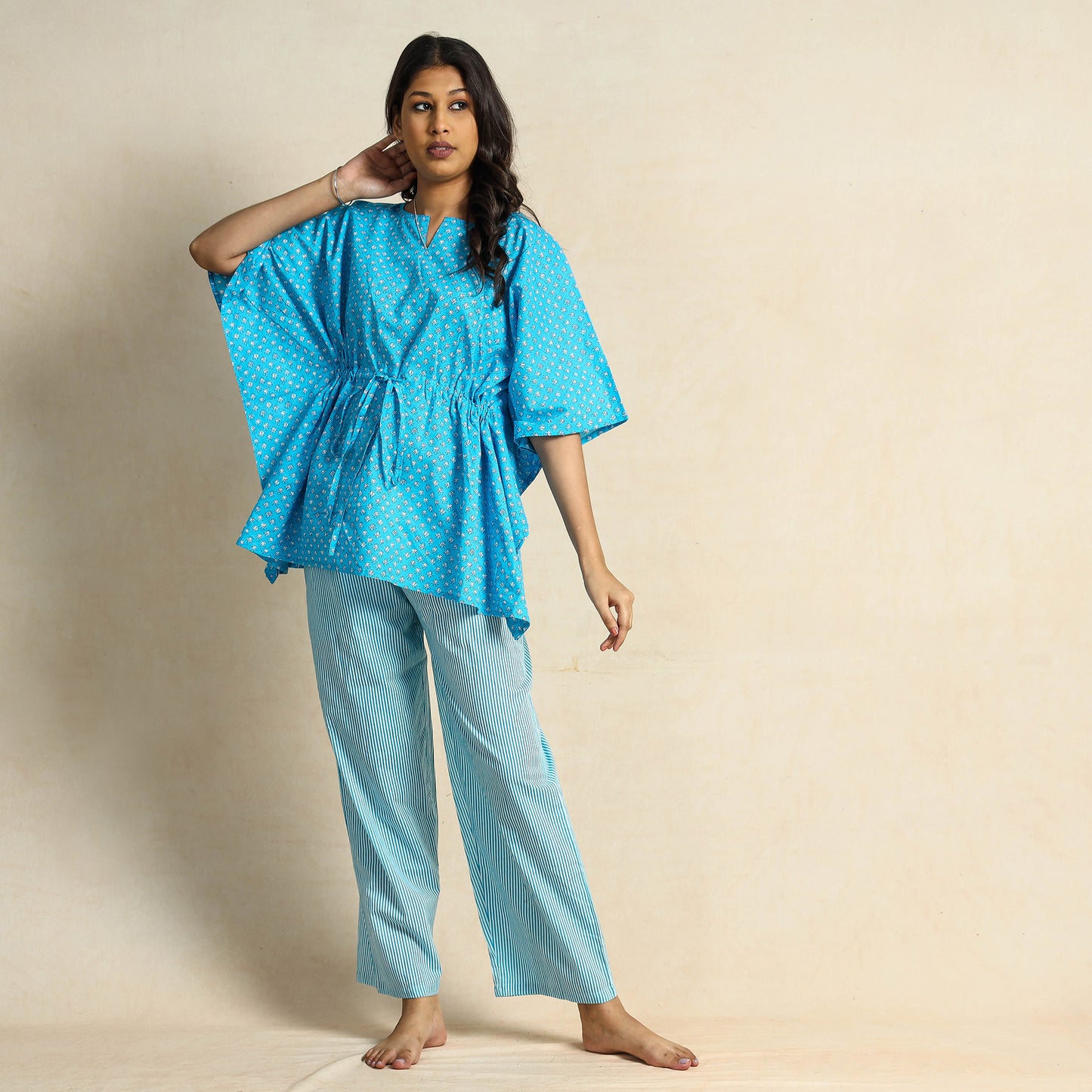 Blue - Hand Block Printed Cotton Kaftan & Pyjama Night Suit Set