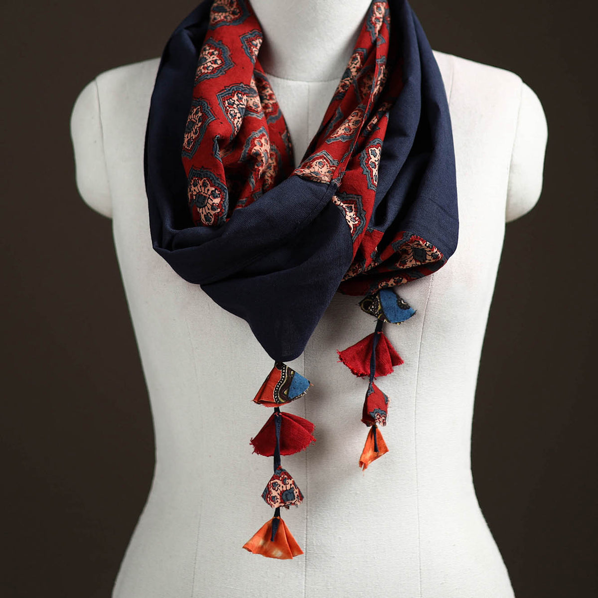 Ajrakh Block Print Scarf with Tassels 13