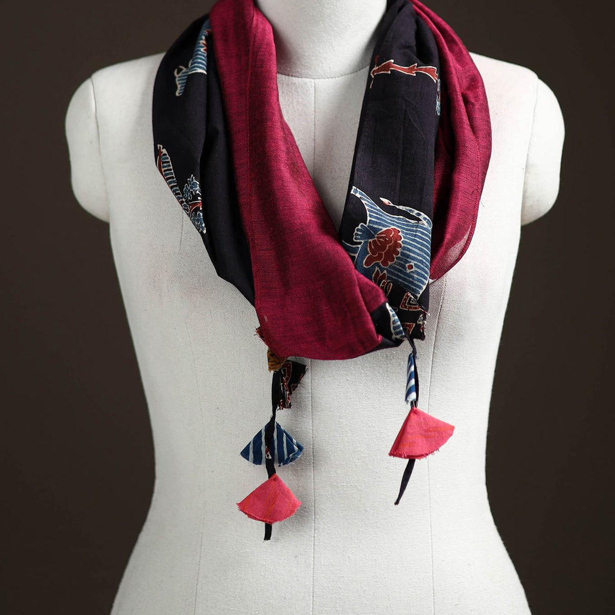 Ajrakh Block Print Scarf with Tassels 04