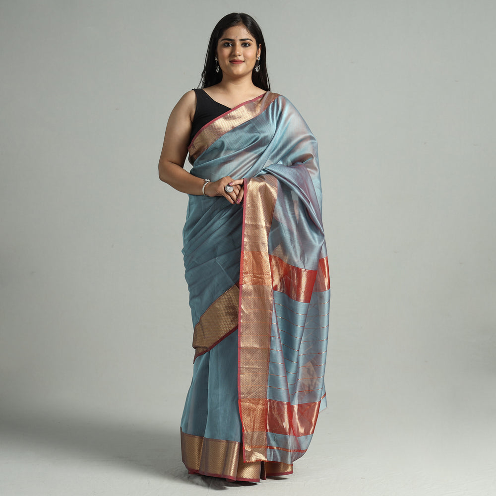 Blue - Traditional Maheshwari Silk Handloom Zari Work Saree 33