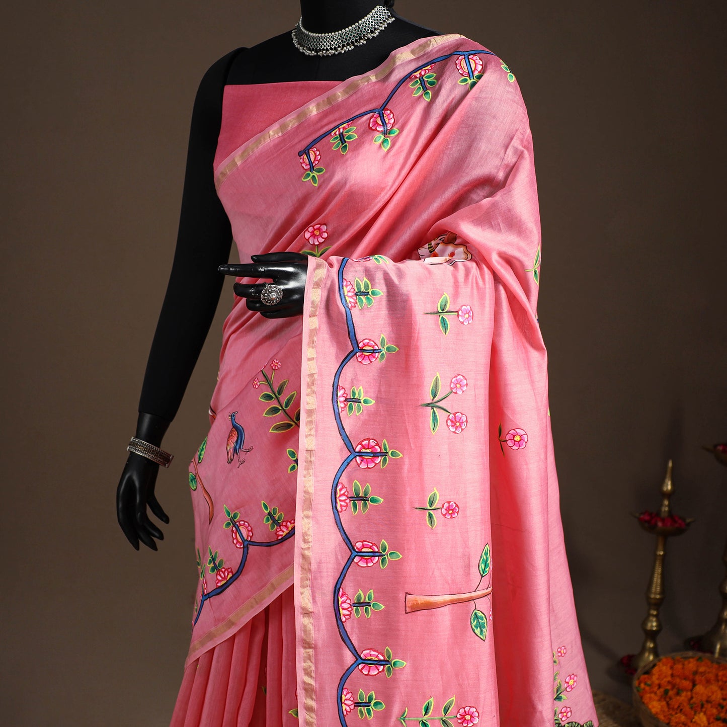Pink - chanderi silk handpainted pichwai saree 01