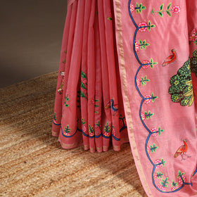 Pink - chanderi silk handpainted pichwai saree 01