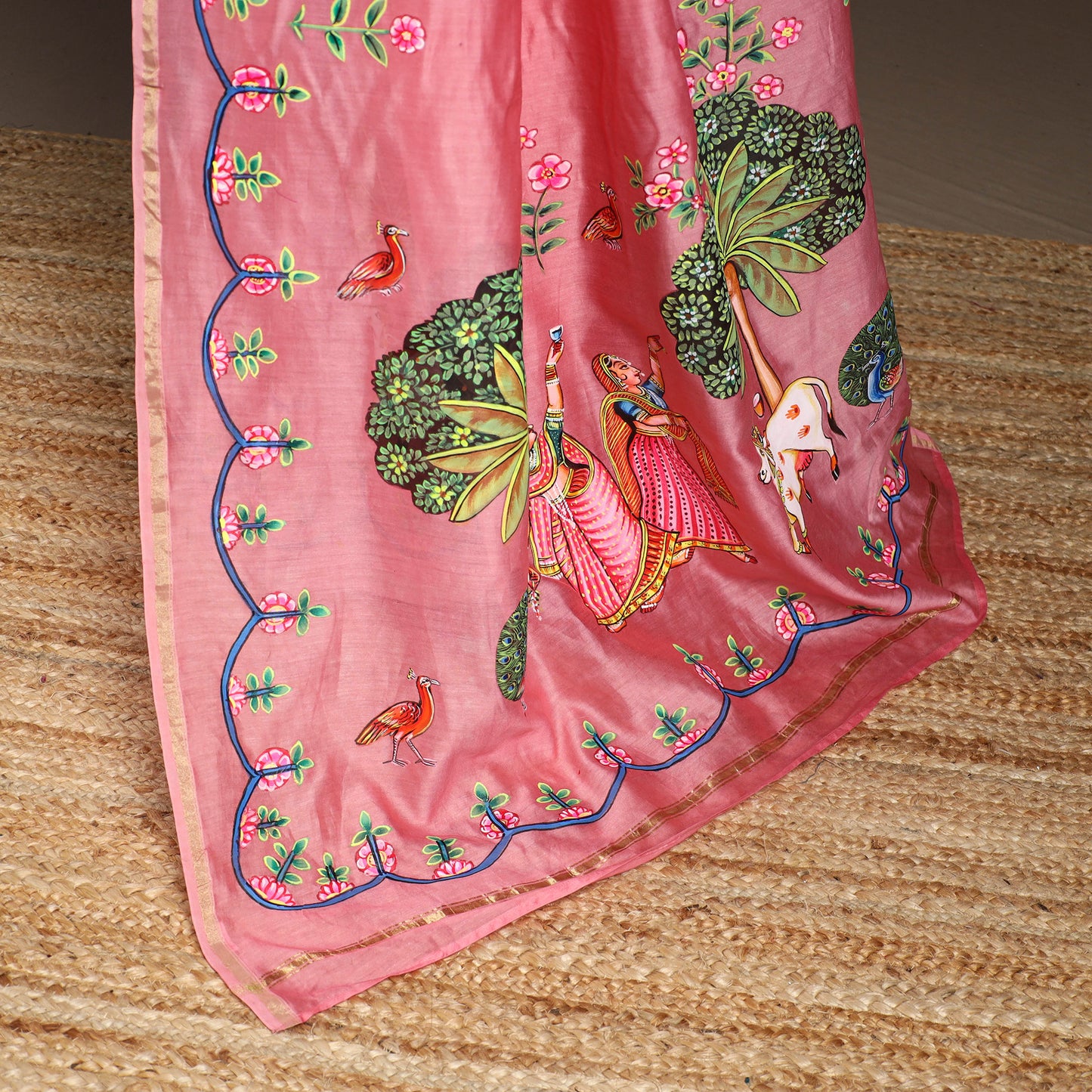 Pink - chanderi silk handpainted pichwai saree 01