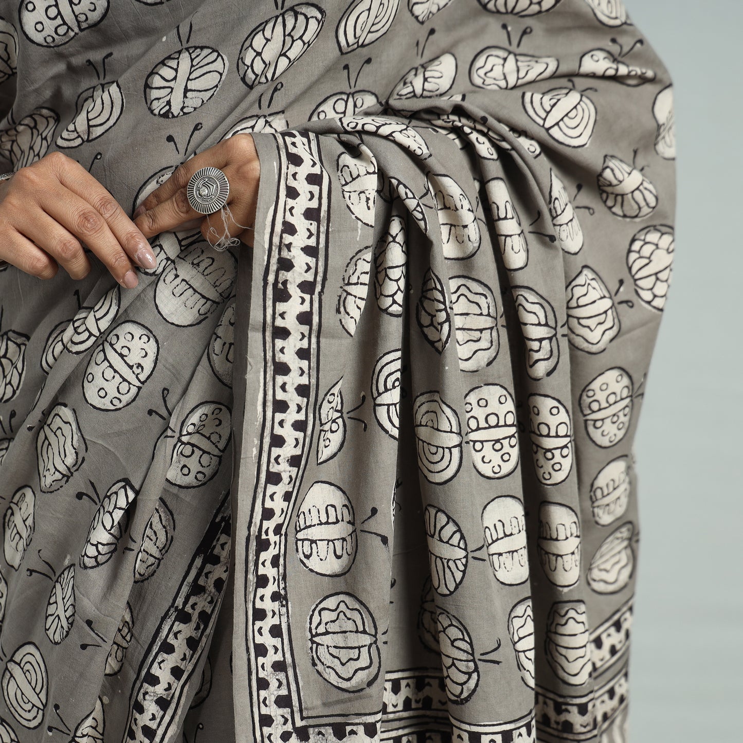 Grey - Bindaas Art Block Printed Natural Dyed Cotton Saree 22