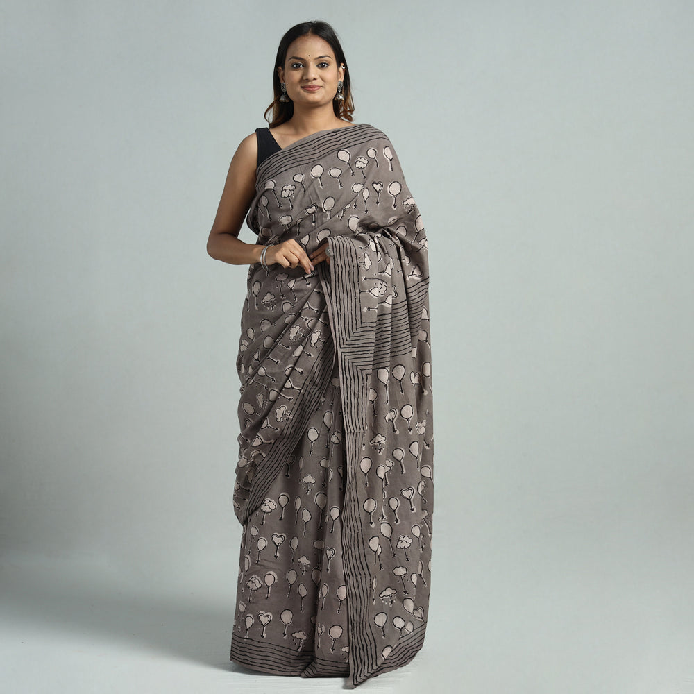 Grey - Bindaas Art Block Printed Natural Dyed Cotton Saree 10