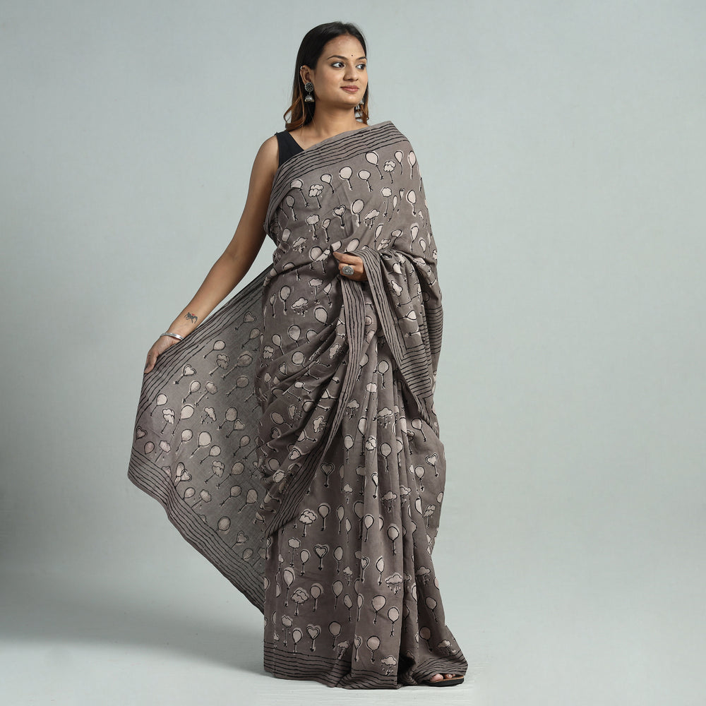 Grey - Bindaas Art Block Printed Natural Dyed Cotton Saree 10