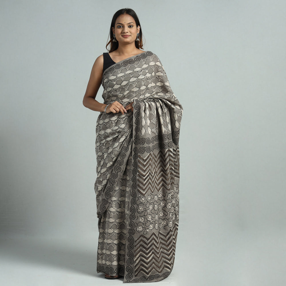 Grey - Bindaas Art Block Printed Natural Dyed Cotton Saree 07