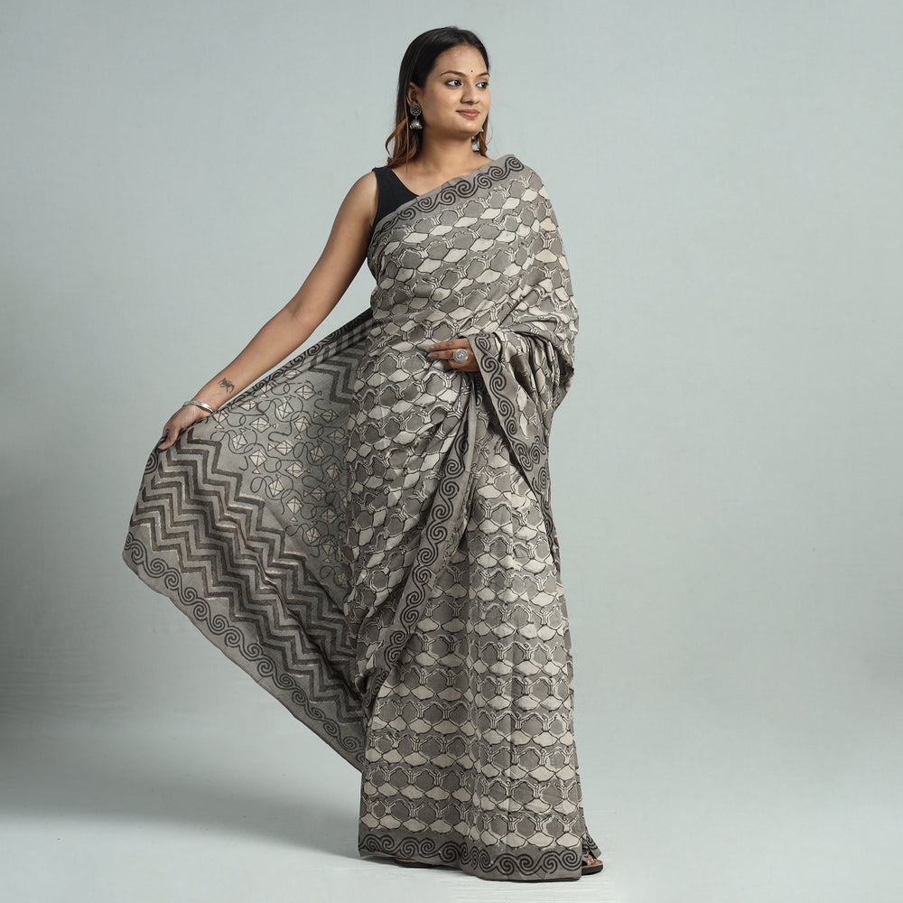 Grey - Bindaas Art Block Printed Natural Dyed Cotton Saree 07