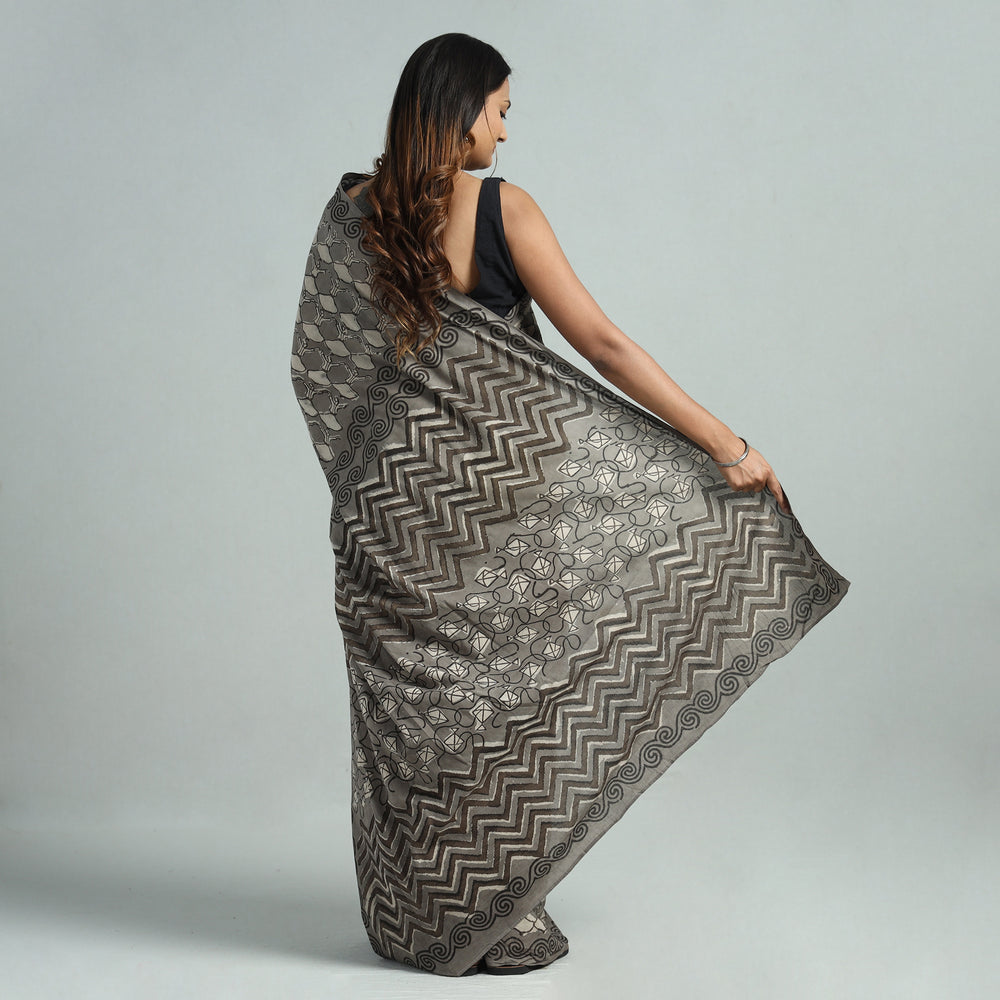 Grey - Bindaas Art Block Printed Natural Dyed Cotton Saree 07