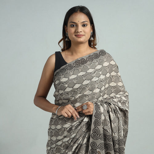 Grey - Bindaas Art Block Printed Natural Dyed Cotton Saree 07