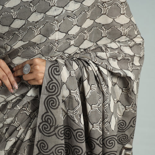 Grey - Bindaas Art Block Printed Natural Dyed Cotton Saree 07