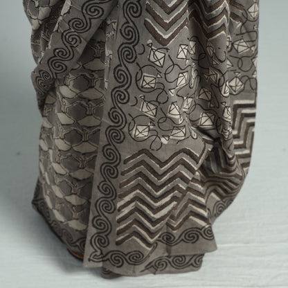 Grey - Bindaas Art Block Printed Natural Dyed Cotton Saree 07