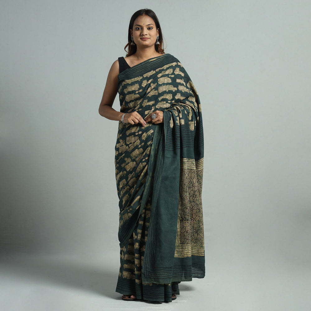 Green - Bindaas Art Block Printed Natural Dyed Cotton Saree 26