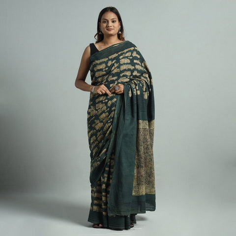 Green - Bindaas Art Block Printed Natural Dyed Cotton Saree 26