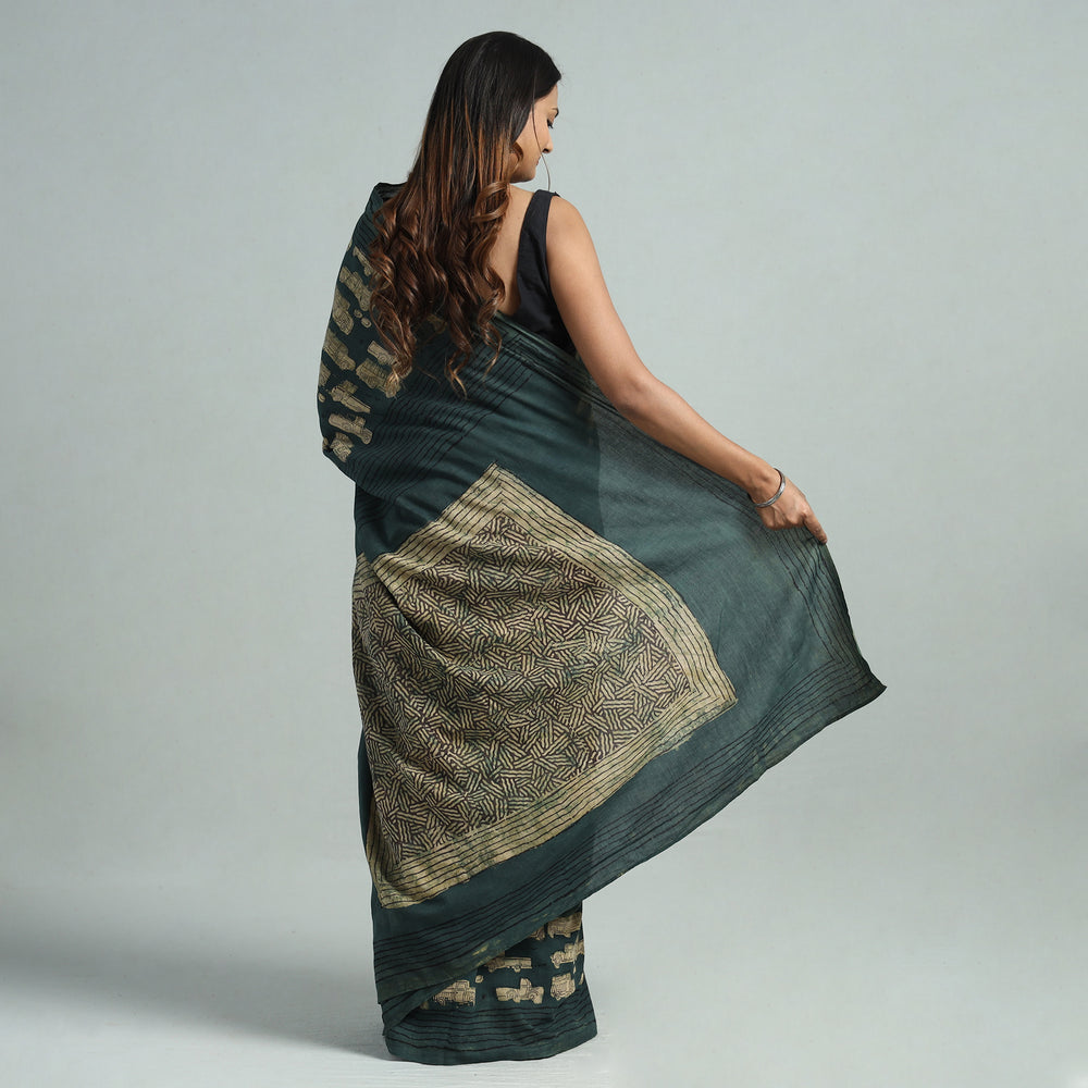 Green - Bindaas Art Block Printed Natural Dyed Cotton Saree 26