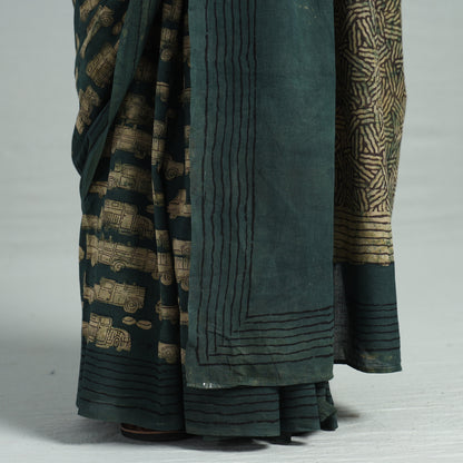 Green - Bindaas Art Block Printed Natural Dyed Cotton Saree 26