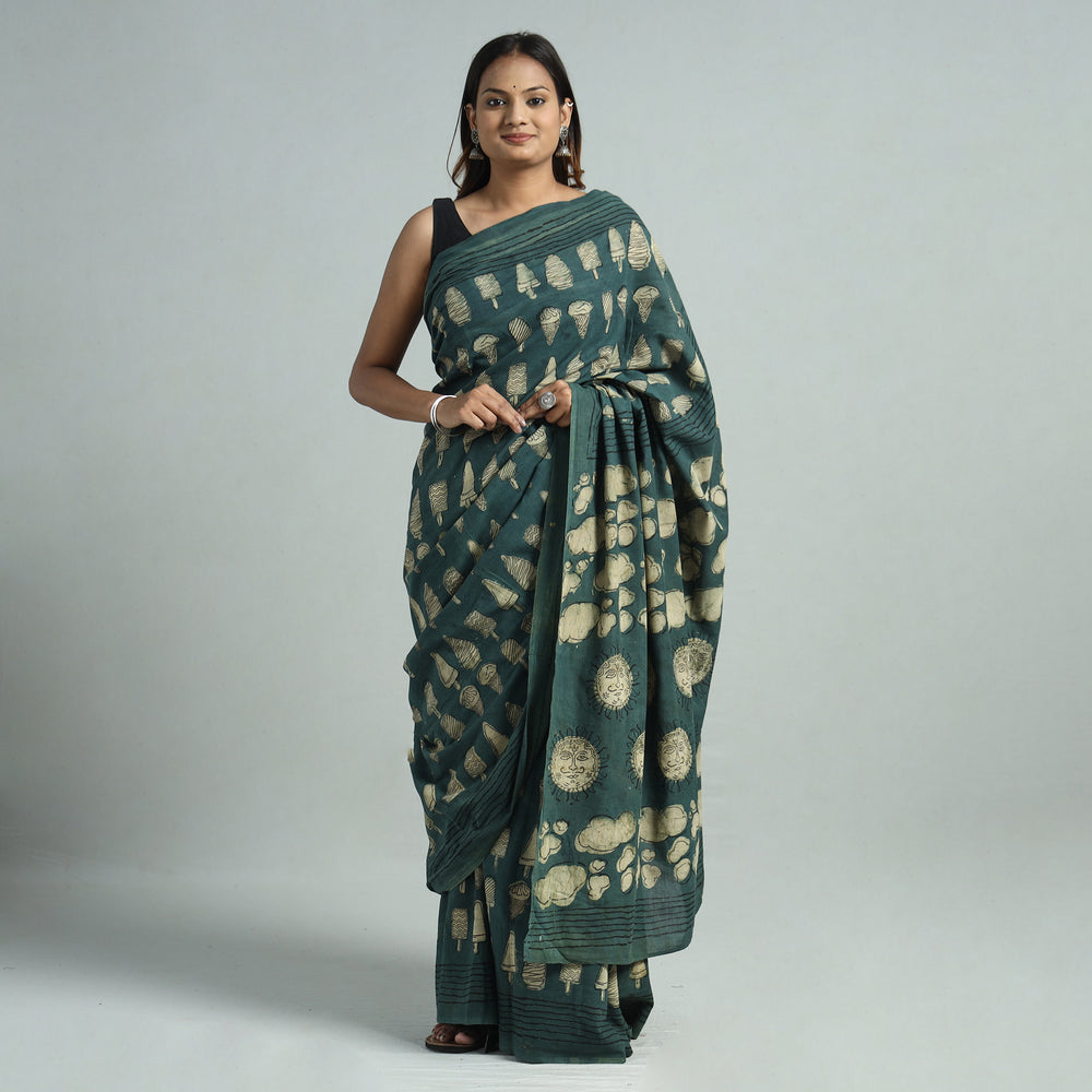 Green - Bindaas Art Block Printed Natural Dyed Cotton Saree 13