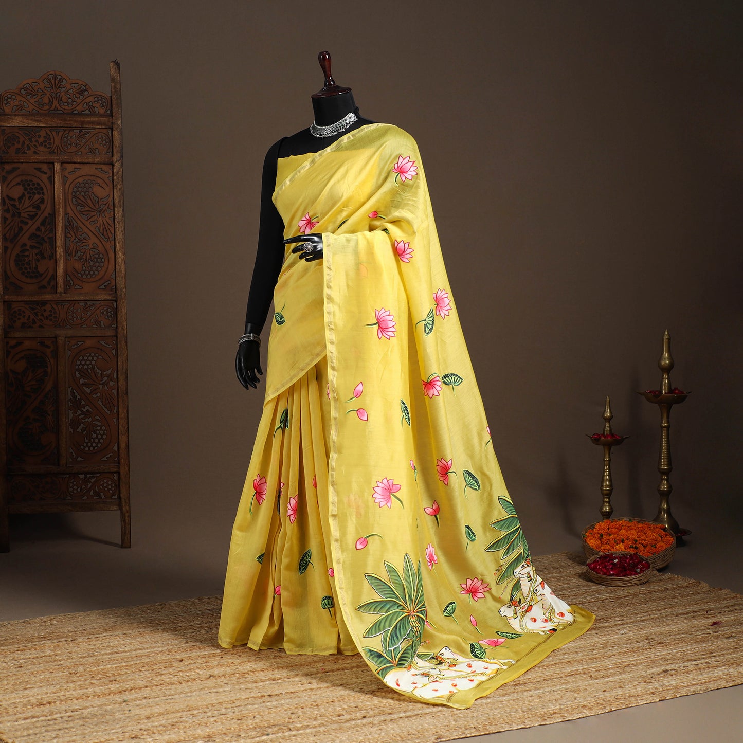 Yellow - chanderi silk handpainted pichwai saree 03