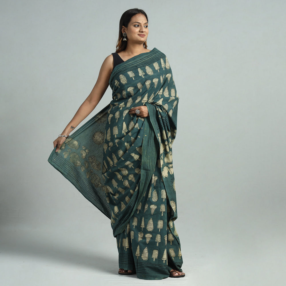 Green - Bindaas Art Block Printed Natural Dyed Cotton Saree 13