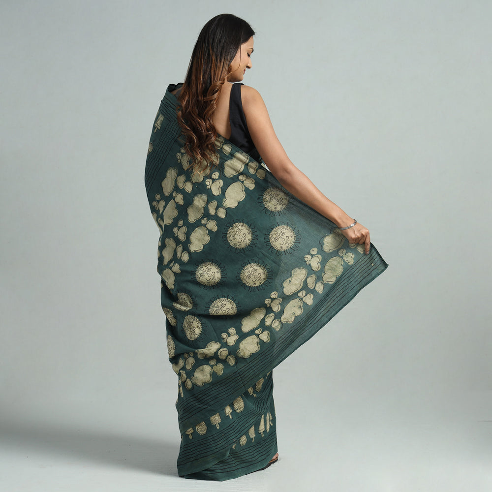 Green - Bindaas Art Block Printed Natural Dyed Cotton Saree 13