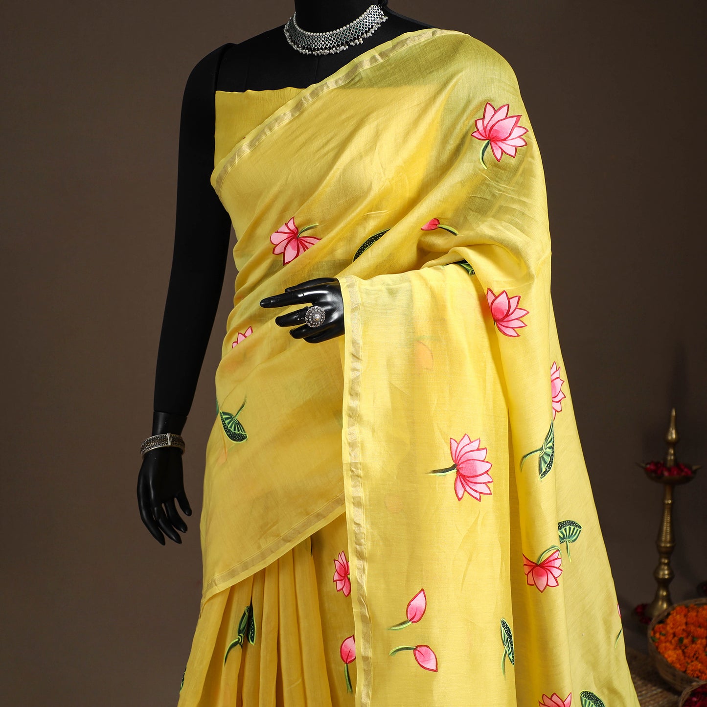 Yellow - chanderi silk handpainted pichwai saree 03