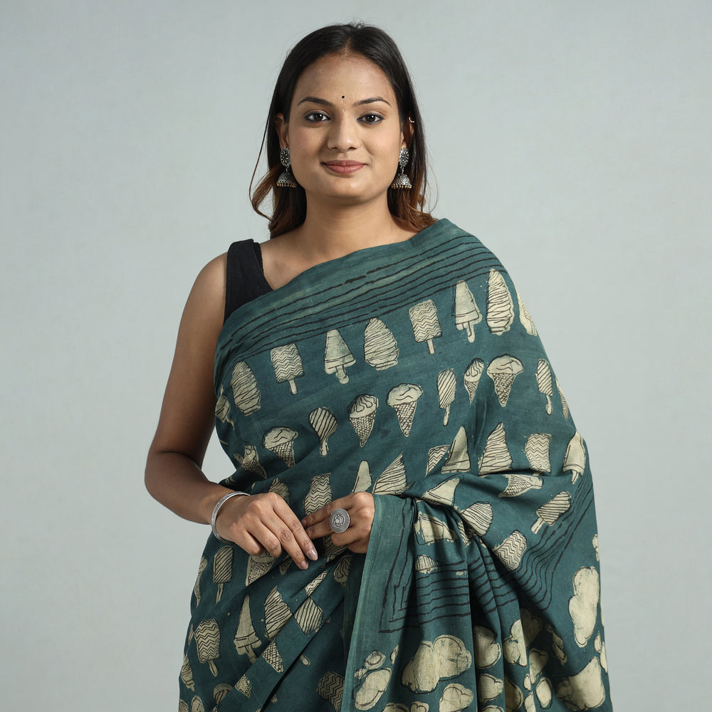 Green - Bindaas Art Block Printed Natural Dyed Cotton Saree 13