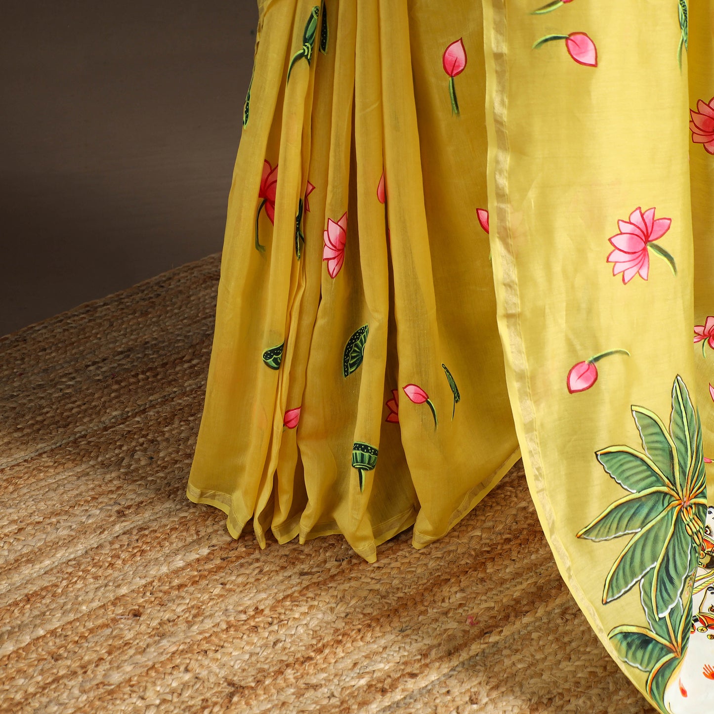Yellow - chanderi silk handpainted pichwai saree 03