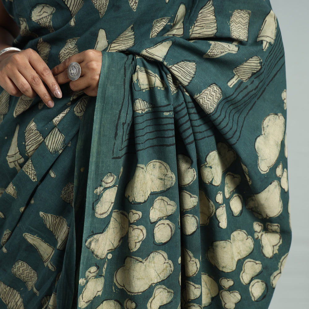 Green - Bindaas Art Block Printed Natural Dyed Cotton Saree 13