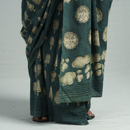 Green - Bindaas Art Block Printed Natural Dyed Cotton Saree 13